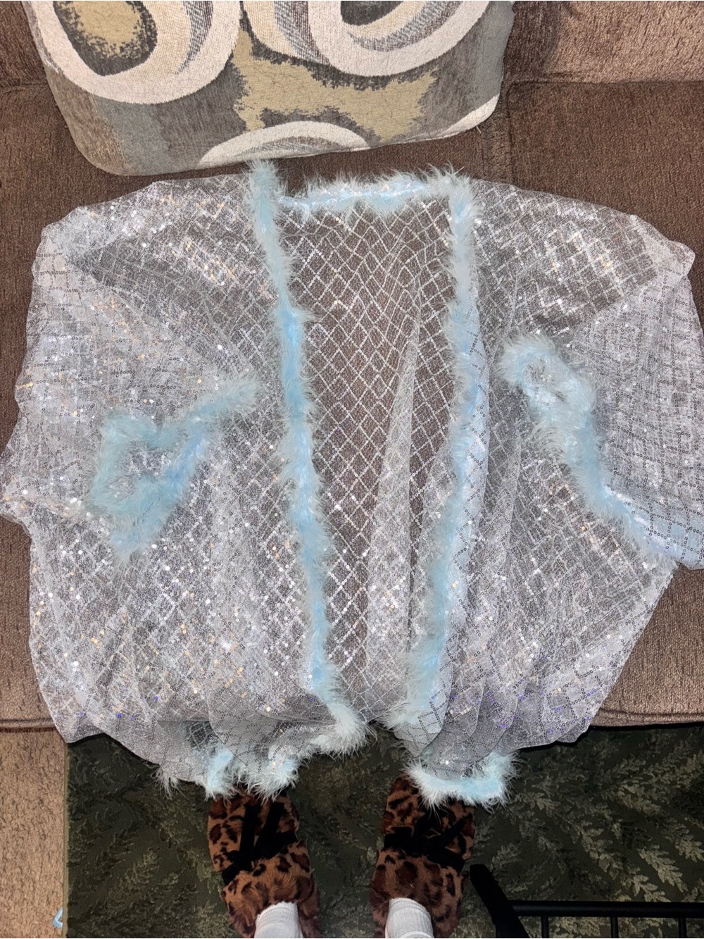 Silver Sequin Mesh Robe with Light Blue Feather Trim